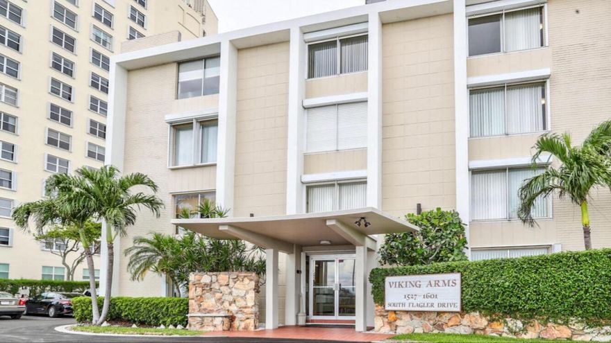Most sought after location on intracoastal across from Palm Bch Island .Minutes from Palm Bch, Beach, Clematis, Shopping, Restaurants , walk to PBI University. This boutique style Bldg sits on the intracoastal waterways between 2 multi million high rises. Bldg has heated pool, sauna , Bike Room ,gated with designated covered parking spot plus plenty of guest parking spots.Property manager is on sight. Community Laundry.  Hoa fee includes water , cable, gas for stove. This property has new AC and kitchen has been upgraded it's not original. Property needs new flooring paint and appliances to make it your own. Patio faces south so it's light and bright. No current assessments at Viking Arms.