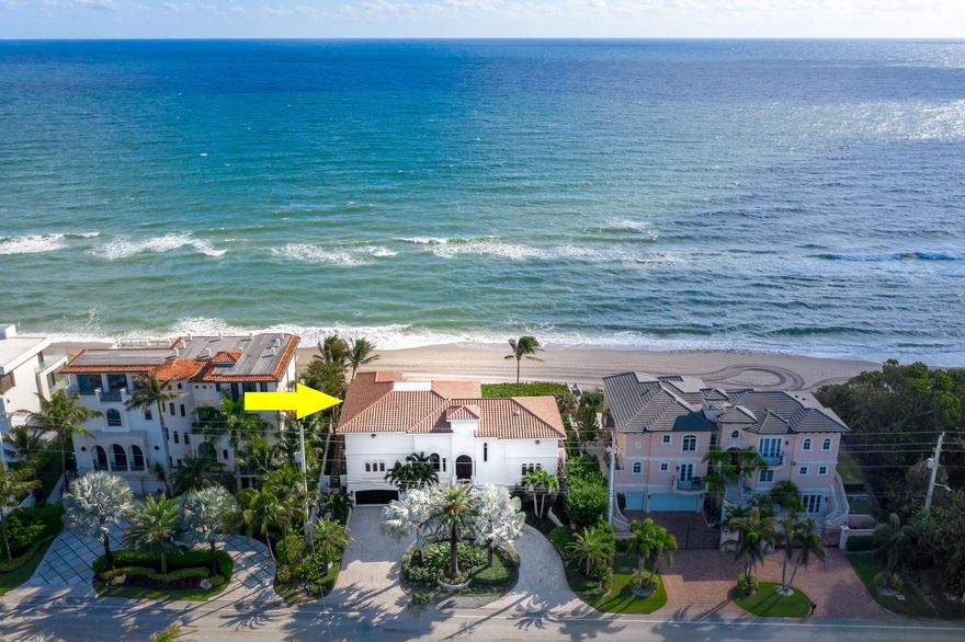 Magnificent Oceanfront Estate in the prestigious Highland Beach resting on 100 feet on the Atlantic Blue Ocean.  Furnishings available. Fully built on pilings, 3 year new roof, hurricane impact doors and new impact windows 2021, Italian marble throughout, exotic 6' saltwater fish tank, granite tops in the kitchen, sub-zero refrigerator & freezer, ADT alarm, 3 car garage, whole house 45kw generac oceanside generator, natural gas, 5 air conditioning units mostly under warranty, LED lights, sound system throughout the house, movie theatre, Executive office overlooking the Atlantic blue ocean, 3 story elevator, saltwater pool with travertine marble pool/jacuzzi & new pool heater, whole house water softener & beautiful landscaping. House was designed with all rooms facing the ocean. Interior decorator designed by Steven G
Granite top on the bar and fireplace matching granite in kitchen
Onyx on tables and powder room
Saturnia marble in full lower living area
Master bath on 3rd floor with walk-in shower and steam, large Jacuzzi tub with matching sinks
Wood floor in master bedroom, 2 walk-in closets
Master bedroom balcony new 2 years
Direct TV and new wifi in all rooms
Custom built-in furniture throughout
Formal dining room, full playroom, laundry room newer washer and dryer in utility room
Jacuzzi pool has remote wifi controller and new pool heater
2 hot water heaters
LED high hats throughout 
Fireplace in living room
Dream Movie Theatre with 10 foot diagonal drop-down screen
Full bar with icemaker, refrigerator and sink
Full office with desk and file built-ins, TV and stereo
8 foot solid doors throughout two upper levels
One owner, meticulously maintained with no expense spared