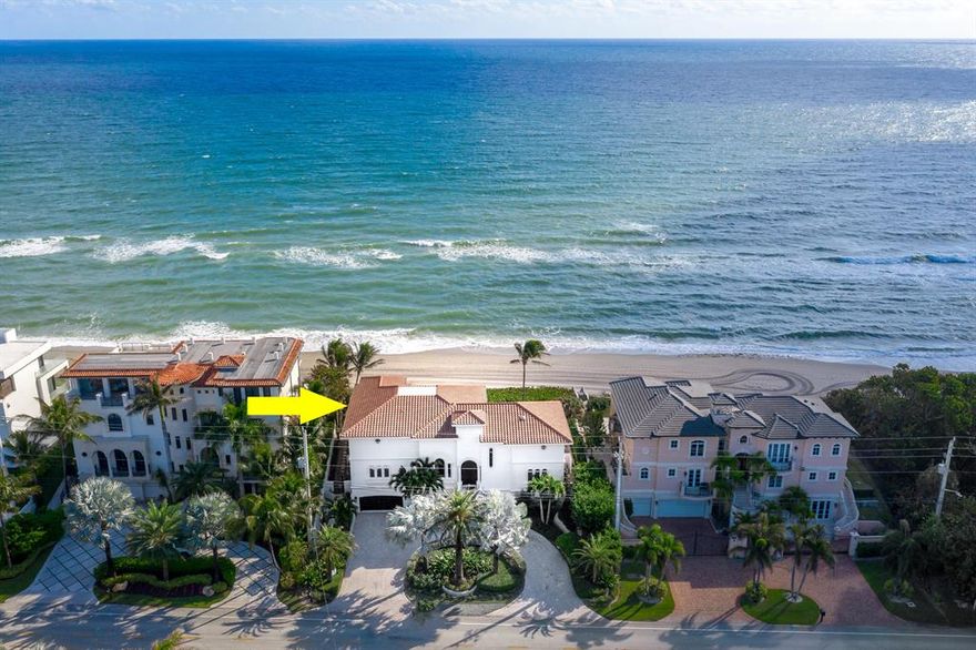 Magnificent Oceanfront Estate in the prestigious Highland Beach resting on 100 feet on the Atlantic Blue Ocean.  Furnishings available. Fully built on pilings, 3 year new roof, hurricane impact doors and new impact windows 2021, Italian marble throughout, exotic 6' saltwater fish tank, granite tops in the kitchen, sub-zero refrigerator & freezer, ADT alarm, 3 car garage, whole house 45kw generac oceanside generator, natural gas, 5 air conditioning units mostly under warranty, LED lights, sound system throughout the house, movie theatre, Executive office overlooking the Atlantic blue ocean, 3 story elevator, saltwater pool with travertine marble pool/jacuzzi & new pool heater, whole house water softener & beautiful landscaping. House was designed with all rooms facing the ocean. Interior decorator designed by Steven G
Granite top on the bar and fireplace matching granite in kitchen
Onyx on tables and powder room
Saturnia marble in full lower living area
Master bath on 3rd floor with walk-in shower and steam, large Jacuzzi tub with matching sinks
Wood floor in master bedroom, 2 walk-in closets
Master bedroom balcony new 2 years
Direct TV and new wifi in all rooms
Custom built-in furniture throughout
Formal dining room, full playroom, laundry room newer washer and dryer in utility room
Jacuzzi pool has remote wifi controller and new pool heater
2 hot water heaters
LED high hats throughout 
Fireplace in living room
Dream Movie Theatre with 10 foot diagonal drop-down screen
Full bar with icemaker, refrigerator and sink
Full office with desk and file built-ins, TV and stereo
8 foot solid doors throughout two upper levels
One owner, meticulously maintained with no expense spared