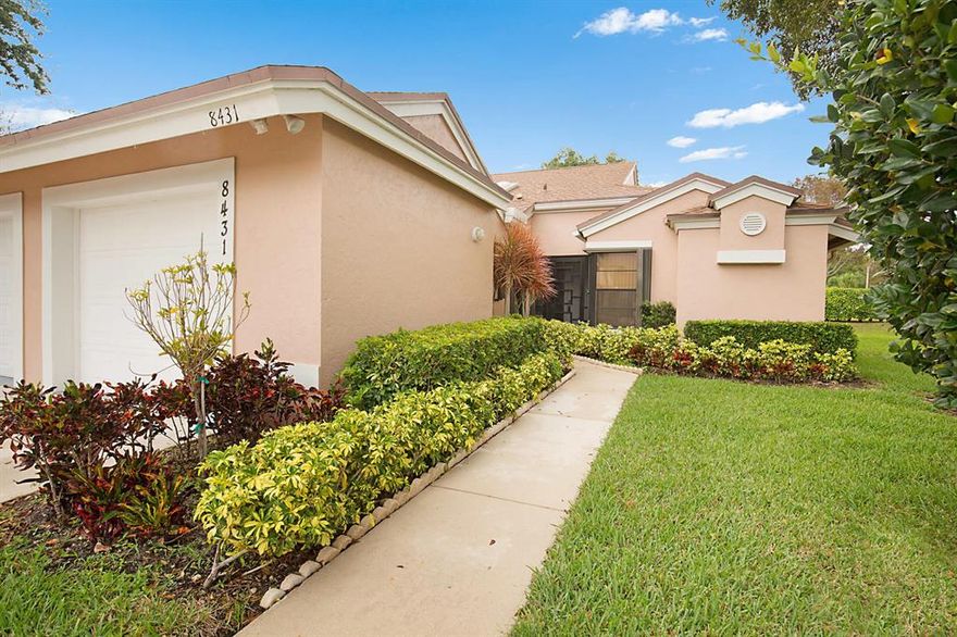 Popular Regal model on quiet street within walking distance to the pool. Light & bright end unit with double driveway, accordion shutters & Florida room. Modernized eat-in kitchen w/white cabinets and granite ''look'' counters. Interior laundry. White tile throughout. Vaulted ceilings & skylights. Master Suite has large walk-in closet, updated bathroom w/comfort height double vanity, white cabinets w/stainless handles, pullouts, stainless faucets & new light bar. Updated 2nd bathroom. Affordable quarterly HOA fee includes water, sewer, exterior maintenance & landscaping, building insurance, roof, cable, pool, tennis, clubhouse & more! No pets allowed unless registered ''service/emotional/therapy''.  Newer AC and water heater. Accordion shutters. Sold furnished or unfurnished. ANSWERS TO FREQUENTLY ASKED QUESTIONS + Things you Should Know:

* New AC 2018
* New water heater 2015
* Roof replaced by Association 2006
* Hurricane Protection:  Accordion shutters
* Refrigerator 2012. Microwave 2011
* Virtual gates being installed soon.  Assessment already paid by Seller.
* ATTENTION SNOWBIRDS: Furniture, is negotiable.... so you could be All ready for next season!
* No pets allowed unless certified "therapy" animal
* HOA fee includes water/sewer, cable, exterior maintenance and landscaping, building insurance, roof maintenance, recreational facilities (clubhouse, pool, tennis, pickleball +++)
* Association approval w/interview is required. Allow up to 30 days for approval. 
*No leasing of the unit until 1 full year after the closing date. 
*Association requires a minimum 20% Escrow deposit, even for cash contracts.