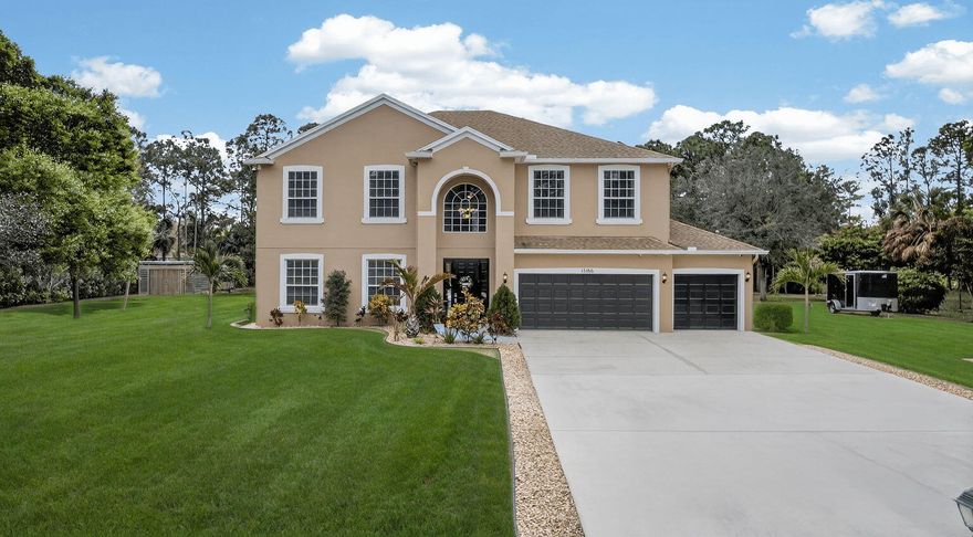 This stunning well maintained, 2 story, salt pool w/ jacuzzi home was built ON 1.16 AC with no details spared.  Beautifully arched entryways flow throughout this open floor plan that offers 5 bdrms/ 3 bth/ 3 gar, plus a den/study which can be converted to a 6th bdrm, plus a loft. 50 SOLAR PANELS (30 yr warranty)=little to no electric bill.  Entertaining will be a breeze with a covered patio and tiki with audio sys, cabana bath. FEATURES: new flooring 2023, pool htr 2020, pool pump 2024, wtr sys 2018, RO under sink, 16 ch camera sec sys, comm wifi network, 2 ac's 2007 serviced annually, gar and gate opener, septic cleaned & inspected 2024 hot wtr hr 2022, 20amp hook up , 5 wall mounted tv's stay, and so much more