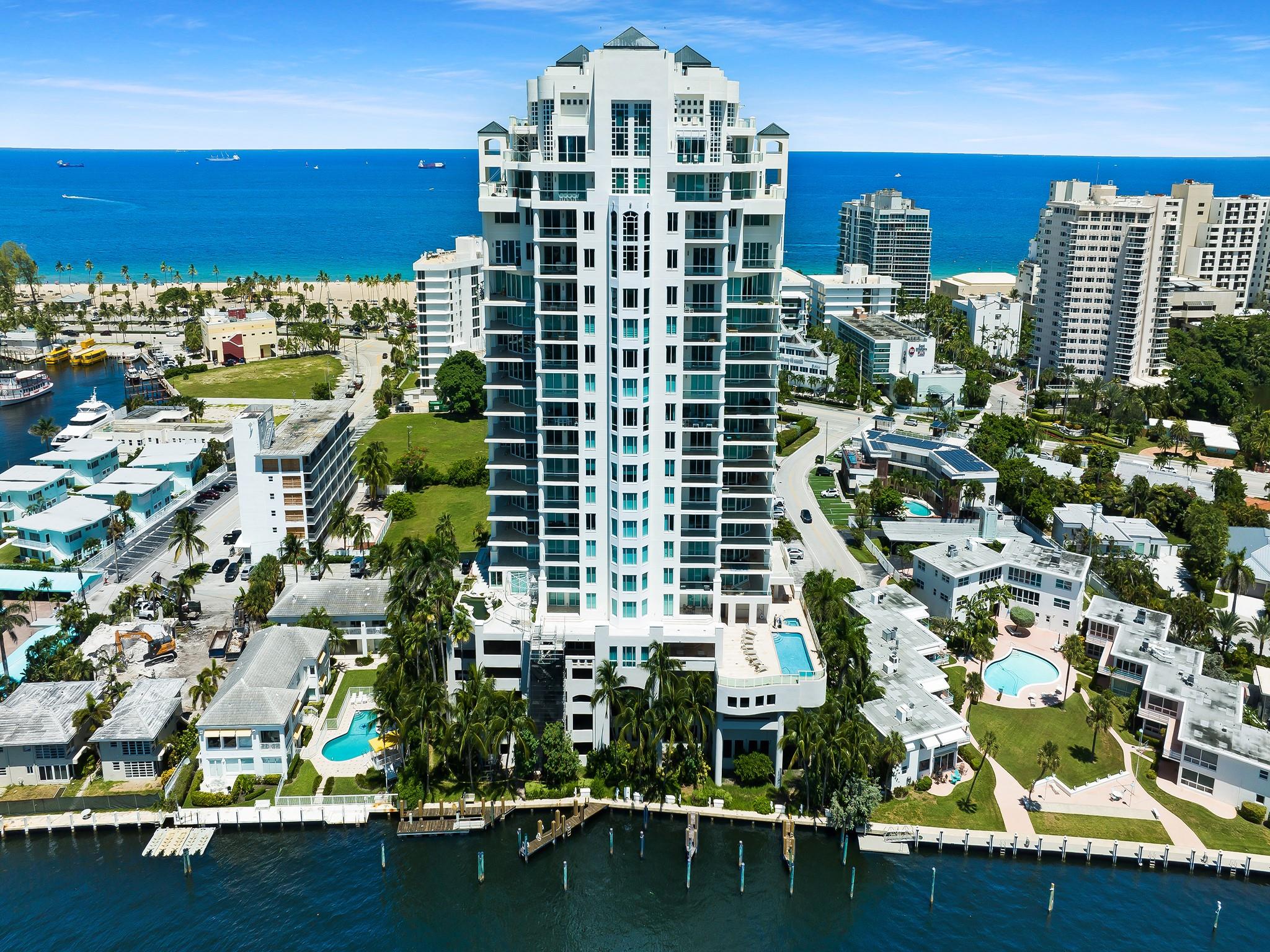 Breathtaking Views from Every Room! Enjoy sweeping vistas of the Atlantic Ocean, pristine beaches, downtown skyline, Lake Sylvia, Port Everglades, and the Intracoastal Waterway from every room of this FULLY furnished residence. This spacious home features an open-concept layout, an expansive wraparound covered terrace, custom built-ins, and elegant crown molding throughout. The luxurious master suite includes a private terrace for added tranquility. Located in the prestigious Harbor Beach community, Harborage Place is an exclusive boutique building just moments from Bahia Mar and Las Olas Boulevard. 2 parking spaces and storage room included! Plenty of guest parking.
Resort-style amenities include a heated pool, spa, fitness center, sauna, and 24-hour security.