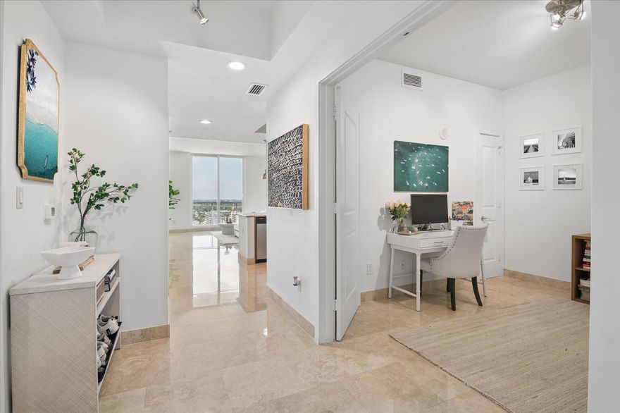 Stunning 2 Bed 2 Bath Penthouse in Strada 315. Marble flooring, oversized balcony with views west, north, and east over Flagler Village to the ocean. Gorgeous kitchen open to dining/living. Custom lighting. Spacious primary suite with dual sinks, separate shower, soaking tub. Custom master closet. Guest bed area has double doors, no window, can be used as bed/office/den. Guest bath with walk in shower.Tremendous closet space, 2019 Rheem AC, Samsung full sized stack laundry. Garage, concierge, elevator. Perfect property for owner occupant or investor. Currently very well rented to long term tenant, who may extend or vacate on Oct 31.  Sale is part of a 1031 exchange and buyer agrees to cooperate with execution of documents at no cost to buyer. Walking distance to downtown Las Olas.