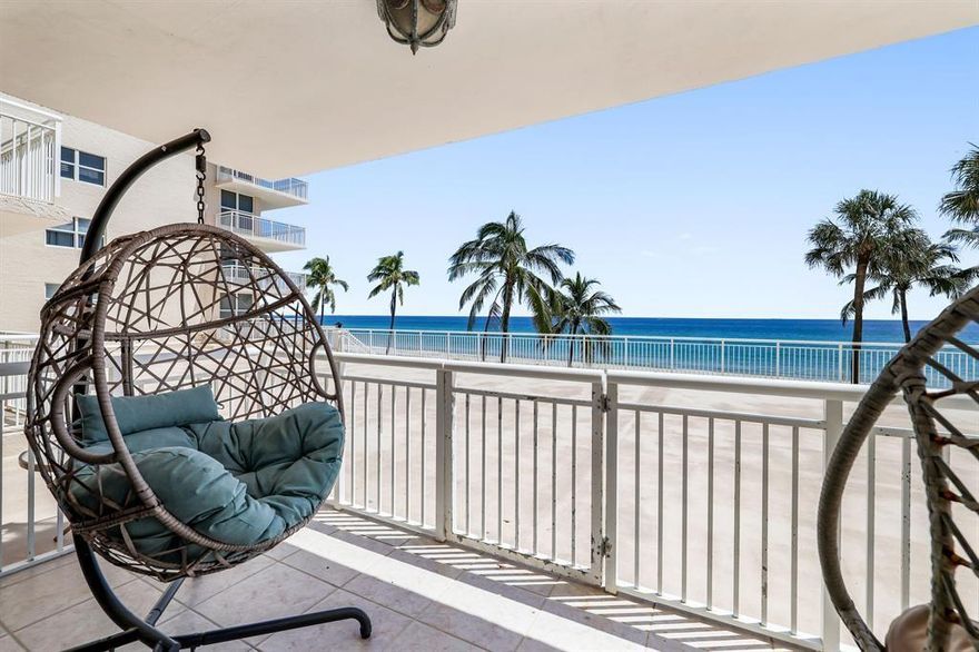 Discover your beachfront sanctuary! This fully furnished seasonal rental with a direct ocean view in Hillsboro Beach boasts 2 bedrooms, 2 bathrooms, and direct beach access from your balcony. This fully renovated condo features a queen bed in the master bedroom and bunk beds in the 2nd bedroom. It has impact windows for your peace of mind. Step onto your balcony with ocean views, or lounge by the pool or play bocce ball by the beach. Other community amenities include fitness center, grills, picnic tables, and community center. It's the perfect Escape!