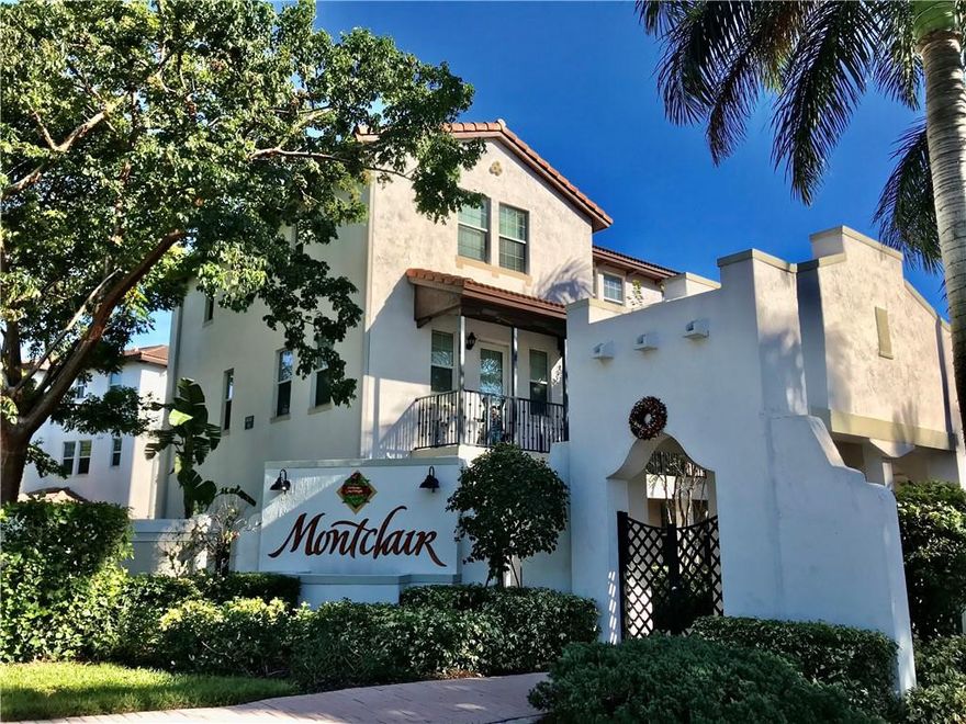 Well located and beautifully designed Montclair is a gated town home community in one of West Miramar's hottest areas. This appealing tri-level townhome features a two car garage with automatic opener and one downstairs bedroom and bath. On the main level you'll find the living room with balcony, half bath, kitchen with granite counter tops, beautiful backsplash, tall cabinets and a snack bar that opens to the family room. Two bedrooms with ensuite baths upstairs, along with a full sized washer and dryer. Impact windows throughout. Light and bright end unit is adjacent to walled green space area. Easy access to community pool and nearby play yard/ park and lakefront walking path. Easy to show, use ShowingTime please.
