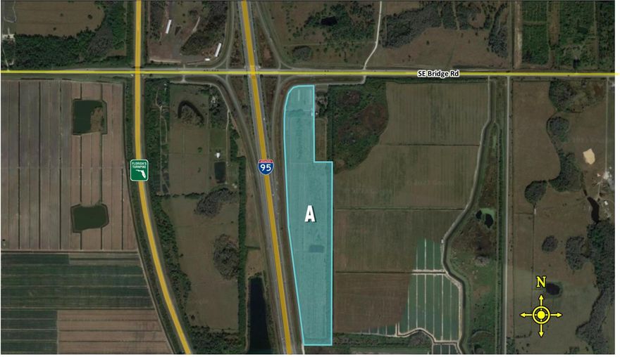 48.5 +/-  acres of premier development opportunity with nearly 3,800 feet of direct frontage along I-95 right at the SE Bridge Rd exit in Martin County with exposure and visibility to over 77,400 vehicles per day along the interstate. The corner property benefits from immediate access to I-95 on and off-ramps just 30 miles from West Palm and approximately 1 hour and a half Fort. Lauderdale, and only 8 miles to Hobe Sound Beach pristine beaches.  Zoned A-1, Land use AG20