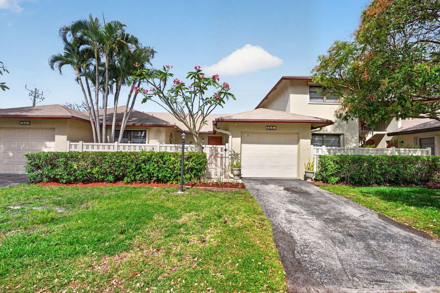 Move-in ready, fully furnished 2BR/2BA villa on a quiet street with no neighbors above. Spacious layout with large kitchen featuring stainless steel appliances, dedicated dining area and in-unit washer/dryer. Enjoy dual outdoor spaces: a private fenced front courtyard and an extended back patio, perfect for relaxing or grilling. Rent includes water, internet and alarm system. Pet friendly up to 25 lbs. Accordion shutters throughout. Community amenities include pool, tennis/pickleball courts and clubhouse.  One parking spot, garage not included. Conveniently located near shopping, dining, beaches, and I-95. Renter's insurance required.