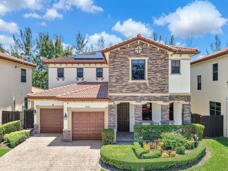 A hidden oasis in the heart of Doral, this beautifully appointed residence offers privacy, elegance, and elevated South Florida living. Lush Podocarpus hedges create a secluded outdoor escape with a lake view, a heated saltwater pool, and heated spa, ideal for relaxing, entertaining, and year-round outdoor living. Inside, Italian porcelain flooring enhances the main living areas, while Brazilian wood floors bring warmth to the bedrooms. A custom walk-in wine room adds a refined touch. Monocrystalline Solar Panels offers electric savings of $300-$400/month. Community amenities include clubhouse, tennis, resort-style pools, basketball, spa, gym, soccer field, and more. Near shopping, dining, parks, schools, and highways. 20 min to MIA and the NU soccer stadium. 30 min to South Beach
