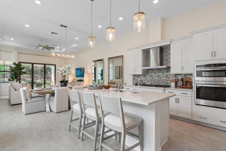 This single-story home combines low-maintenance living with plenty of room to grow and entertain. Upon entry, a seamless open-concept layout is situated among the kitchen, dining room and living room, with a covered terrace to provide outdoor moments. On the opposite side of the home, there are two secondary bedrooms split by a Jack-and-Jill style bathroom for enhanced livability. In a private corner, the owner's suite provides a tranquil retreat with a spa-style bathroom and walk-in closet. Photos are for illustrative purposes only. Tesoro Club is manned and gated with roving patrol and has incredible onsite amenities including two clubhouses, a golf course and luxe, resort-inspired swimming pools. Photos are for illustrative purposes only.