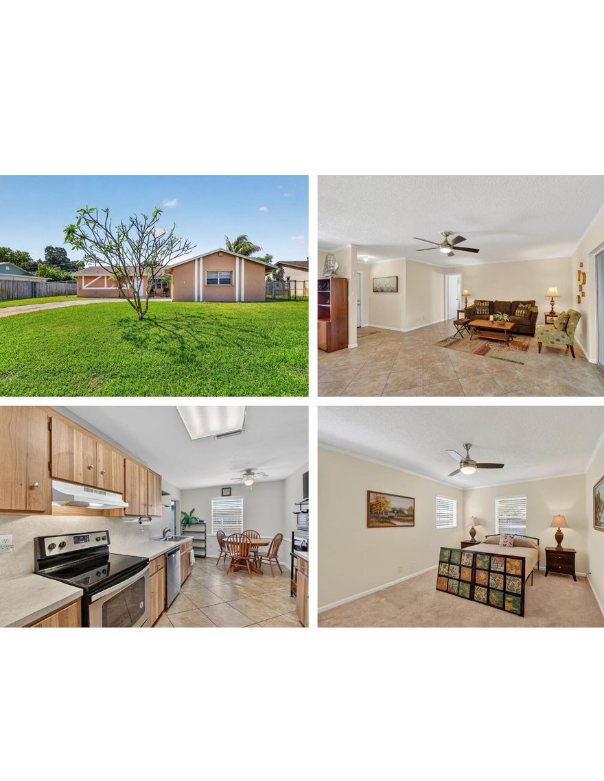 Charming & move-in ready, this spacious 2 bed 2 bath home offers an open-concept layout w/ generously sized rooms. Enjoy beautiful tile flooring in the living areas, creating a seamless & stylish flow. The large eat-in- kitchen features newer stainless steel appliances.  A standout feature is the extra-large Florida room, offering versatile space for relaxing, hosting, or creating your ideal indoor-outdoor retreat. Major upgrades include a 2023 roof & 2023 A/C, providing peace of mind for years to come. The home is also equipped with accordion shutters throughout for added protection and convenience. Step outside to a large fully fenced yard-ideal for pets, play, or outdoor gatherings. A 1.5-car garage offers additional storage space and flexibility. Best of all there is no HOA! Call today