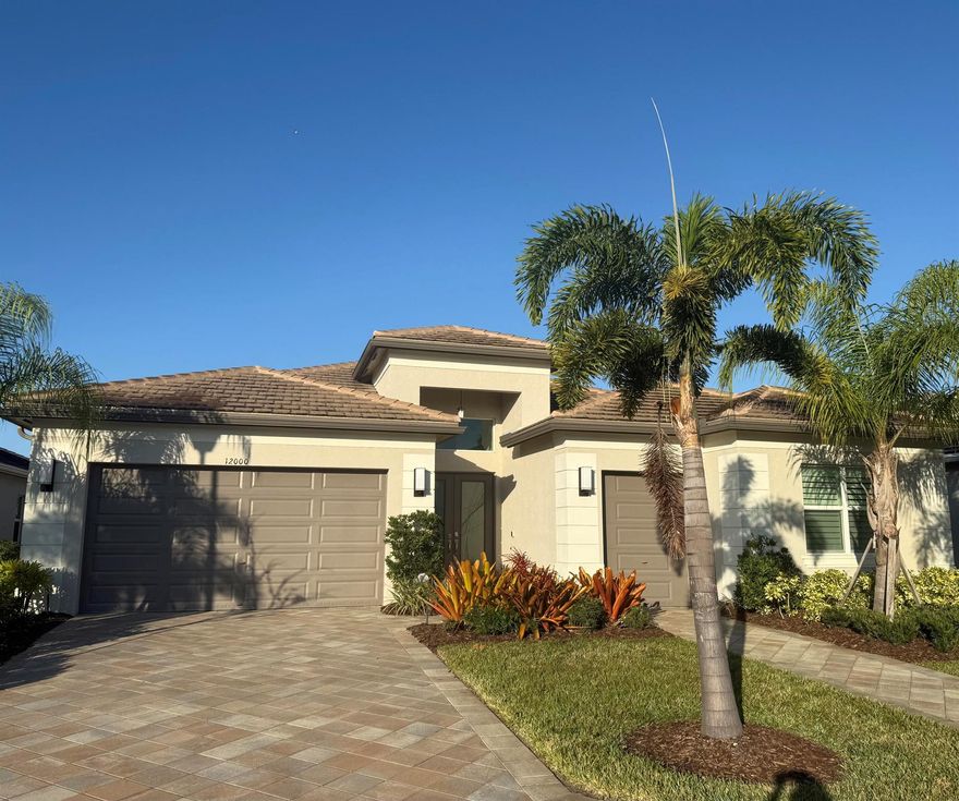 Experience luxury living at its finest in the sought-after Valencia Grove at Riverland! This stunning Bianca Model offers a thoughtfully designed layout with 3 bedrooms (3rd is FLEX room with future closet), a versatile den,  3 bathrooms, and a 2-car garage with an additional golf cart garage. Situated on an oversized lot, the property boasts a sparkling pool and a private fenced yard, ideal for entertaining or relaxing in style.This home exudes sophistication with high-end details like plantation shutters, designer light fixtures, and elegant tile floors. The chef's kitchen is a showstopper, featuring quartz countertops, a vented gas cooktop, a wall oven and microwave, a touchscreen 4-door refrigerator, a spacious cook island, soft-close cabinetry. NO CDD! HOA fees include amenities.