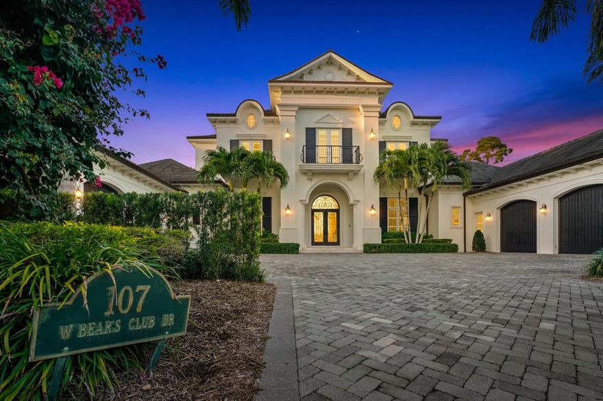 Stunning custom built estate in one of the most exclusive private communities in Palm Beach County, The Bears Club. This sprawling transitional estate offers 5 bedrooms in the main house with an additional bonus guest house suite attached to the main house with a lovely covered arched breezeway.  With  6 Bedrooms, 8 full baths , and 2 half baths , this sprawling estate is nestled on nearly an acre of pristine manicured land offering some of the longest golf and lake views in The Bears Club. With extraordinary property features throughout, top tier finishes, and an upstanding transitional interior aesthetic, 107 W. Bears is a showpiece that will stand the test of time. Additional home amenities include, game room, luxury home theatre, paneled library, sprawling summer kitchen and much more!