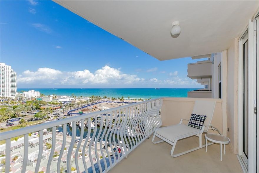 Stunning direct views of the Atlantic Ocean and the beautiful Las Olas Oceanside Park.  See the sunrise everyday! This 1200 sf condo has two bedrooms, two bathrooms and a large balcony. The Venetian is located just across from the beach in a very desirable "Resort style" building with heated pool, tiki bar, spa, gardens, library, 24hr security, ping-pong, billiard and a fully equipped 24 hrs fitness center.  One of the few boat docking facilities situated on Las Olas, Beach and Intracoastal areas with no fixed bridges and just minutes away from the downtown business and entertainment district and a short drive to the FLL International Airport. Internet and basic cable are included in the low monthly maintenance fee. Dockage as available. A must see!