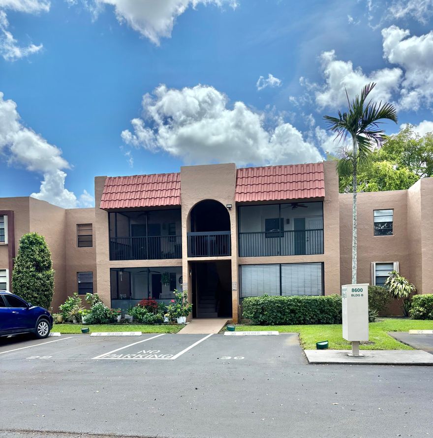 Beautiful 1 Bedroom 1.5 Bath Second Floor unit, located at Pines of Springtree in Sunrise florida. Kitchen has granite counter tops and a breakfast bar. Carpeting in the living room and bedroom areas, the bathroom has a granite counter top with dual sinks. Extremely large patio area and additional separate balcony area. Unit also has new roof, washer/dryer and one assigned parking space. HOA fee includes water, sewer, roof repairs, pool maintenance, condo insurance and the 40 year inspection has been completed.