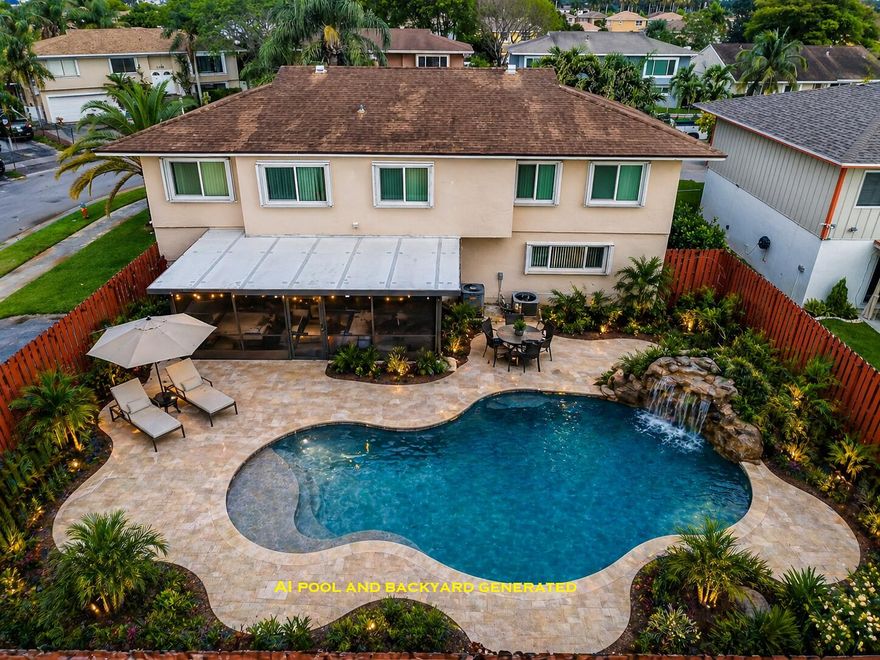 Large 2,832 sf Living area, 2-story corner house. No HOA. The house shows as a 4/2 upstairs and 2/1 downstairs. As per the seller, all impact windows and doors except the sliding glass door that connects to the patio. Left accordion shutters for extra protection*** Roof from 2018**** 2 AC units, approximately 5 years old. Split level to separate the 2 areas. The backyard is fenced and has room for a large pool, see AI-generated pool and backyard photos for ideas.  The first floor has a new porcelain tile.  Screened porch. Side parking for 3 cars. The current owner uses the large family room on the first floor as a bedroom; there is another family room on the second floor.  Living/garage as per Imap, see sketch.  4/2 in tax records.