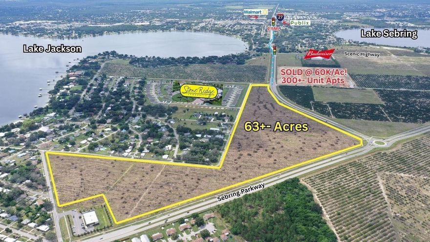 63+/- acre R-3 Multi-Family Site Accented Nicely with C-1 Corner/Prime Parkway Frontage with a smaller R1A Single Family portion nestled a little closer to the beautiful Lake Jackson! All this coveted property is framed with 4,290+Feet on Sebring's Newest & busiest thorough fare only 1.5 miles from the Highest Traffic Count in Highlands County at Walmart US 27/Sebring Parkway Intersection. Easy to Develop as site is Annexed to the City of Sebring to receive Water & Sewer that runs along the Parkway. 14.35 acres R-1A (3.48 DU/AC), 13.84 Acres C-1, 32.39 Acres R-3 (12 DU/AC), and 3.47 Acres AU(not annexed). EXTREME PRIME EXPOSURE on SEBRING PARKWAY!!! Don't wait... this parcel is “HOT” and sure to receive multiple offers like the last adjacent site we listed & sold within days on market!