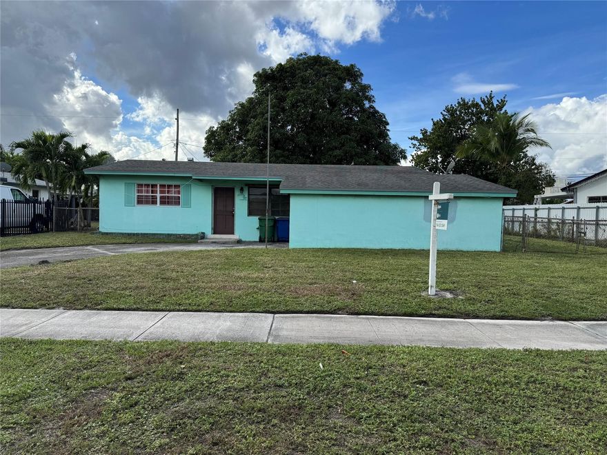 4 bedrooms, 2 bath home in Miami Gardens. Living room and Florida room (carport was converted to the 4th bedroom). Property is in need of rehab. Roof 2020. Large fenced yard. Good opportunity for an investor or buyer ready to renovate. Close to highways, shopping, and schools. Shed does not convey.