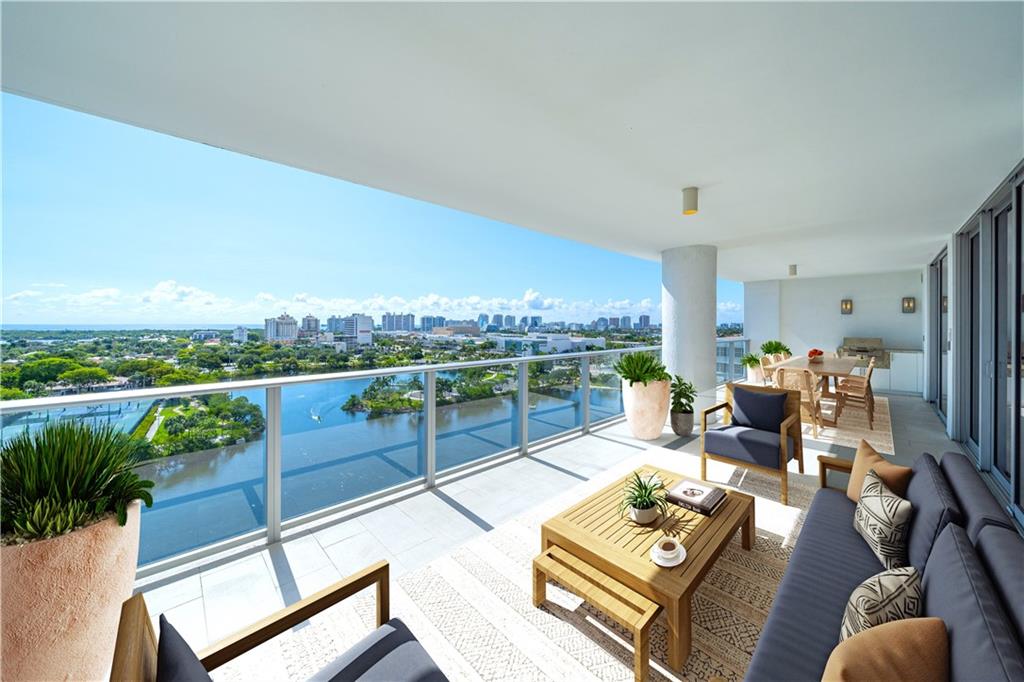 Stunning River + Ocean Views from 70 feet of Deep Terrace + every room of this high floor, private elevator entrance RIVA Residence, complete w/Summer Kitchen. Oversized Great Room w/Chef's Kitchen featuring Sub Zero and Wolf Appliances, Gas Cooktop, Microwave Drawer + Wine Cooler. Powder Room + Laundry Room/Pantry w/Sink. Spacious Primary Bedroom w/ 2 separate Baths sharing a Spa Wet Room Shower + Deep Tub, and spacious walk-in and additional closet. Two additional Bedrooms with Ensuite Baths. Two adjacent, assigned Garage Parking Spaces + climate controlled Storage included. Riva has Boatslips, Heated Waterfront Pool, 7,000 SF Gym, Yoga Studio, Steam, Sauna + Massage Rooms, Resident's Lounge, Catering Kitchen + Guests Suites. 2 Dog Walks + 400 feet of Middle River Promenade. Indulge!