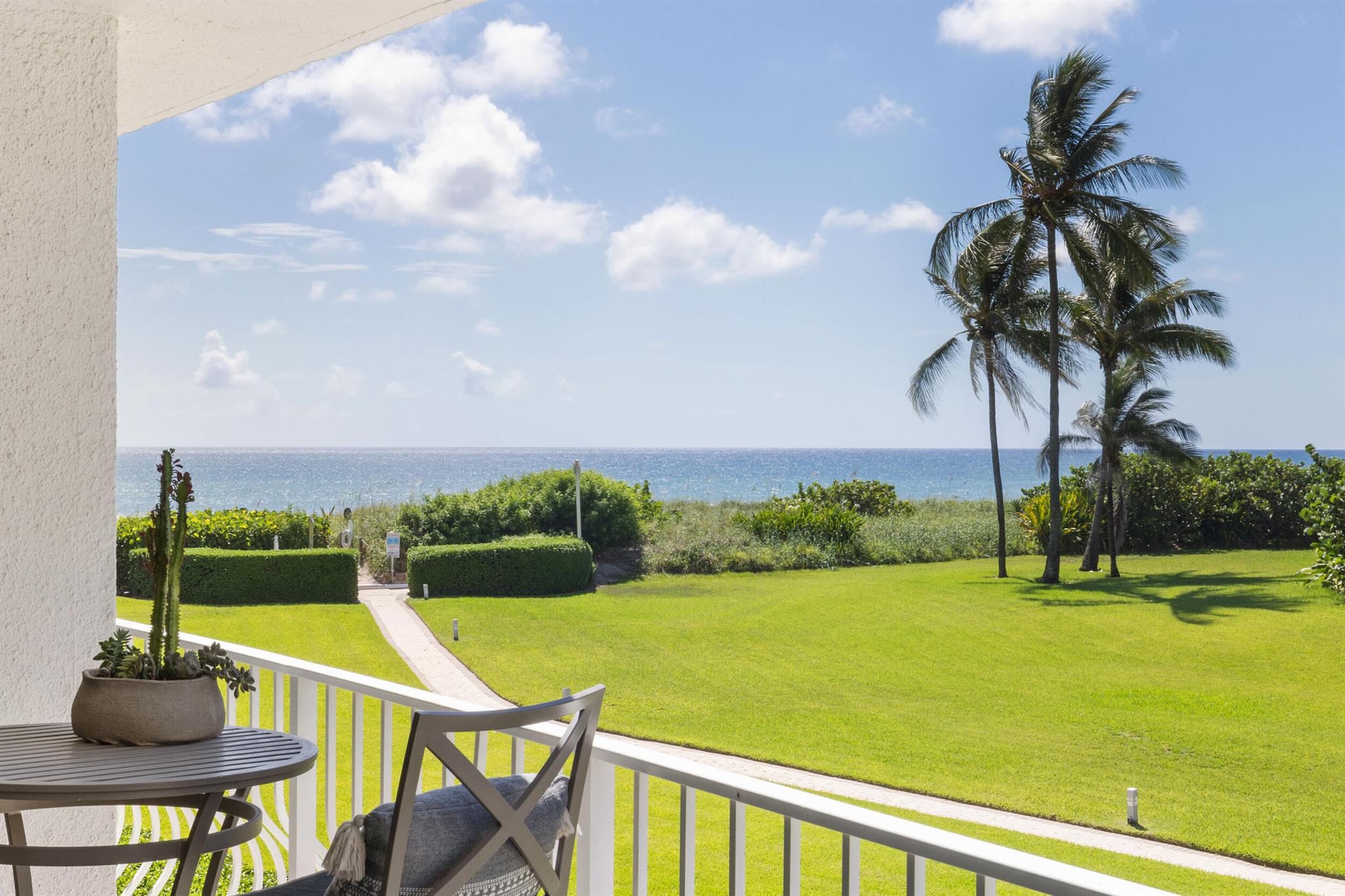 GORGEOUS HIGH END apartment in oceanfront building available for seasonal rental with ocean views from every room! Amenities to be enjoyed are a pristine wide beach, HAR-TRU tennis, pool, 24 hr doorman,/concierge, and a well appointed gym. This beautiful 2 bed 2 bath rental has been completely renovated by a renowned Palm Beach designer with the most stunning details and finishes. A gourmet kitchen including a Berazzani induction stove, marble Porcelanosa tile in kitchen and bath with luxurious cabinetry. The furnishings are Ligne Roset furniture. From the moment you enter the experience is best in class, as you would at a 5 star hotel. Located next door to the Four Seasons Palm Beach, a short walk to the renowned Par 3 golf on the ocean and a few minutes from famed Worth Ave