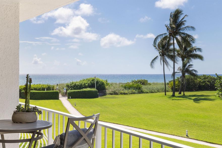 GORGEOUS HIGH END apartment in oceanfront building available for seasonal rental with ocean views from every room! Amenities to be enjoyed are a pristine wide beach,  HAR-TRU  tennis, pool, 24 hr doorman,/concierge,  and a well appointed gym. This beautiful 2 bed 2 bath rental has been completely renovated by a renowned Palm Beach designer with the most stunning details and finishes. A gourmet kitchen including a Berazzani induction stove, marble Porcelanosa tile in kitchen and bath with luxurious cabinetry. The furnishings are Ligne Roset furniture.  From the moment you enter the experience is best in class, as you would at a 5 star hotel. Located next door to the Four Seasons Palm Beach, a short walk to the renowned Par 3 golf on the ocean and a few minutes from famed Worth Ave