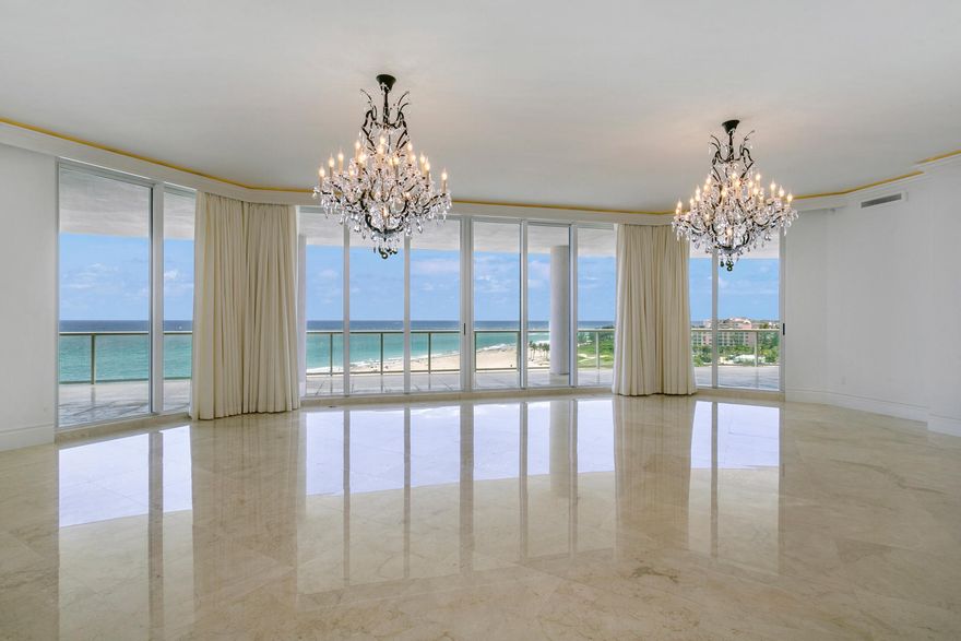 One of the largest condominiums in South Florida! Experience the ultimate lifestyle. The perfect blend of comfort, style and function. Over 7,440 SF of interior space. Multiple living areas with 9,179 total SF!!  A substantial home office overlooking the ocean – no commuting! The great room spans 33'' X 33'' and includes a kitchenette area with bar, wine cooler, refrigerator, ice maker and dishwasher. Perfect for family gatherings. The kitchen includes top of the line appliances,....click on see more  separate catering room. The dining room is suited for a crowd with additional eating area off the kitchen. The master suite is an oasis of relaxed spaces from the his and her bathing areas, separate walk in dressing rooms, a spacious ''getaway'' space for morning coffee or late-night chats The Ritz Carlton services are complemented with 24 hr. security, concierge, valet, private restaurant with pool service.  Conference room, library, media room and state of the art fitness center.  A private beach area awaits you with complementary seating....it's all here.  Come and enjoy the lifestyle.
