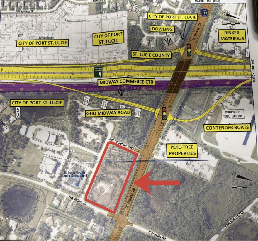 Prime 5 acre Commercial site on Midway Rd. Surrounded by roads on 4 sides. Midway is a rapidly growing main corridor connecting I-95 & US 1.  Average Daily trafffic count on Midway Rd in front of this property is 24,000 and growing rapidly.   Amazon has built a 1 million sf distribution facility at Midway and I-95 only 1.3 miles west of this site. The nation's largest Wavegarden Surf Park is to be located at the NW quadrant of Midway and I-95. (200 acres to include 800 homes, 600 hotel rooms and 400,000 sq ft retail space). New Turnpike interchange is in planning stages immediately west of the site.  See attached FDOT maps. A traffic light  is possibly coming to East  end of this property at Milner Rd.. Click on ''more''   to see additional information