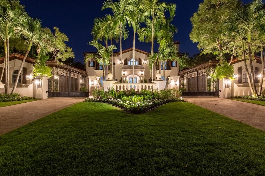 This custom Mediterranean estate in Kensington of Palm Beach Polo has been through an extensive renovation and is now ready for immediate occupancy. Situated on over half an acre, the property boasts roughly 7,300 square feet of living space, 6 bedrooms, 7 full and 2 half bathrooms, a split 4-car garage, expansive screened loggia, and a magnificent travertine patio with a pergola seating area, large pool and waterfall-edge spa. This home's beauty and ambiance is reminiscent of a european hacienda, with a double iron-gated driveway leading to its impressive two-story facade with columned double front doors. Professionally designed with lavish finishes, the home's stunning interior boasts a grand center staircase with detailed wrought iron handrails, formal dining room with custom wainscoting, private study with an eye-catching black stacked stone fireplace, stylish elevator, gourmet kitchen, living room with wine cellar, maid's quarters located adjacent to the large laundry room, and a luxurious master wing with its own wet bar, his and her walk-in closets, separate dressing room, and an impressively oversized en suite. The second floor includes an expansive home theater, as well as the gorgeous VIP guest suites, each with ensuite bathrooms and large private balconies.The car-enthusiasts' garage has been upgraded with full lighting and air-conditioning and the home has been outfitted with a new security system. Turnkey option is available.