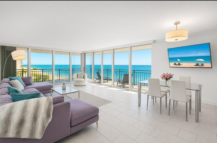 Stunning oceanfront 2BR/2BA corner unit in Highland Beach with a rare wrap-around balcony and panoramic views of the Atlantic. This 9th-floor residence features floor to ceiling windows, an updated kitchen, spacious split floor plan, and endless natural light. Enjoy direct beach access, oceanfront pool, fitness center, and on-site security. Minutes to Boca Raton and Delray Beach dining and shops. Available furnished.