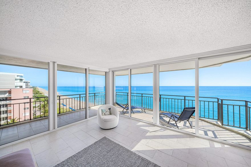 Experience oceanfront living at its finest in this stunning 2BR/2BA corner unit in Highland Beach. This lower penthouse residence boasts a rare wraparound balcony and breathtaking panoramic Atlantic views from nearly every angle. Floor-to-ceiling windows flood the home with natural light, while the updated kitchen and spacious split-bedroom layout offer both style and functionality. Enjoy resort-style amenities including direct beach access, an oceanfront pool, fitness center, and on-site security. Just minutes from Boca Raton and Delray Beach, this furnished coastal retreat offers the perfect blend of luxury, privacy, and convenience.