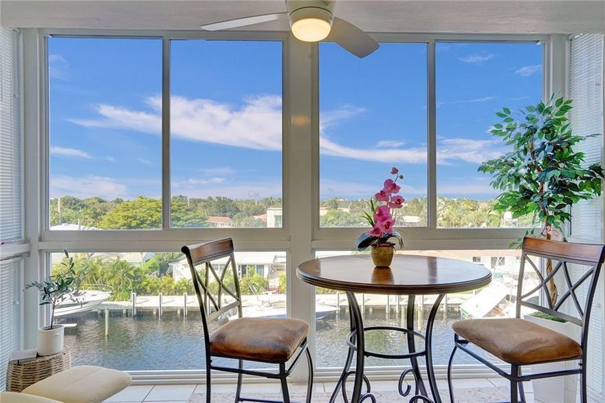 Just bring your Toothbrush on this FURNISHED- CORNER Two Bedroom, Two Bath in Coral Ridge on Intracoastal Canal with Boat Dockage. New Air Conditioning July 2022. Plantation Shutters.  All hardwood floors throughout except Primary Bedroom. Each Bedroom are EnSuites with Walk In Closets. Impact Windows and Doors.  Washer-Dryer Combo. Patio is enclosed with floor to ceiling windows. Retractable Screen on Front Door. Complex was Painted, Pool has been resurfaced and a New Elevator. Seawall and Dock redone in 2019.  Secure Underground Parking and Lobby. Dockage when available for owners at $3.75 a foot. One dog allowed (non-aggressive) up to twenty five pounds or one cat. Close to Beaches and cafes. Complex has gone through the 40 year recertification process. FURNISHED Two Bedroom, Two Bath in Coral Ridge on Deep Water. Corner Unit with Split Bedroom EnSuites and Large Walk in Closets. Impact Windows and Doors. New Airconditioning in 2022. Plantation Shutters. Complex was Painted, Pool redone and New Elevator. Seawall and dock redone in 2019. Underground Parking. One Dog up to 25 pounds (non-aggressive) or one cat. Dockage when available for owners up to $3,75 a foot. Close to Beach.