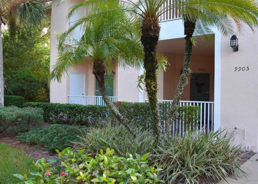 Rare first floor, end unit with a view of the lake and the 13th hole.  This is a very nice, fully equipped unit featuring natural views and privacy with a covered and screened patio.  Water heater, washer & dryer,  and ceiling fans recently replaced.  A/C on ''B'' side recently replaced and wood look ceramic tile.  Turnkey short or long term rental opportunities in this very desirable  community.  Rent entire condo or part.  Private secure door separates main unit from  guest suite. Access to community Pool and PGA Village amenities.  Close to Golf, shopping, Mets Stadium (Tradition Field) and beaches within 30 minute drive. Both 'A'' and ''B'' sides are leased until April 1st.