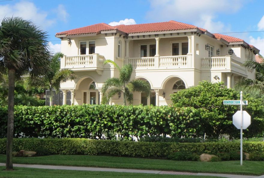 Unobstructed Ocean views! Directly across the street from beach. Like new, beautifully maintained Mediterranean villa. Private pool, impact windows, private elevator. Patio and balconies have amazing ocean views. Marble floors, large rooms, high ceilings, chef's kitchen. European charm in Juno Beach. Furniture negotiable. Designed for low maintenance and energy efficiency. Flexible floor plan, master study can be 5th bedroom, TV room/den with bar can be formal dining room with butler's pantry. This amazing home should not be missed. Each bedroom is en suite. Mezzanine features large guest suite with direct elevator entrance. Currently used as an office, but designed as media room or 2nd master. Enjoy all Juno has to offer, walk to pier, restaurants, church.