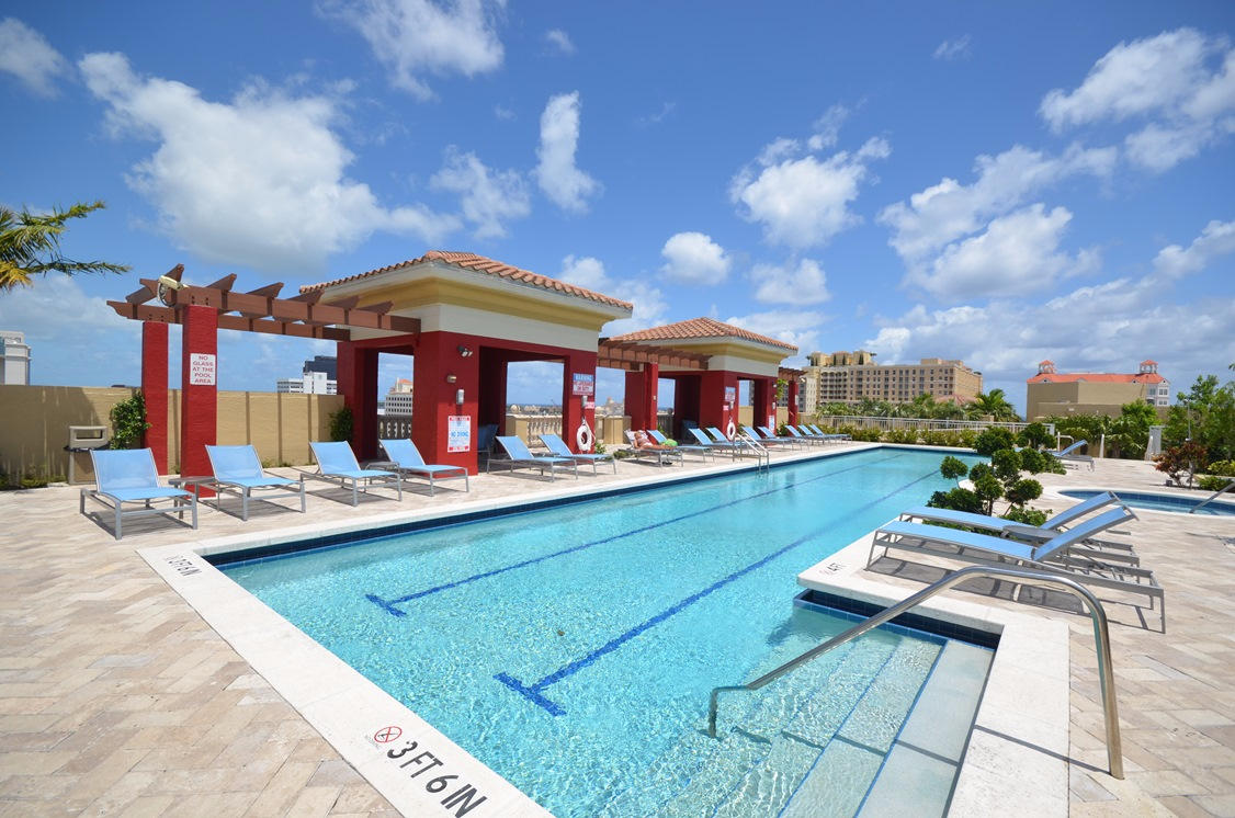 Beautifully furnished two bedroom unit. Located in the heart of down town West Palm Beach. Steps away from dinning, shopping, exercise, parks, and intracoastal waterway. 10 minutes to airport. Over sized terrace provides space for out door dining. 24 hour doorman. fitness center, rooftop pool and garage parking.