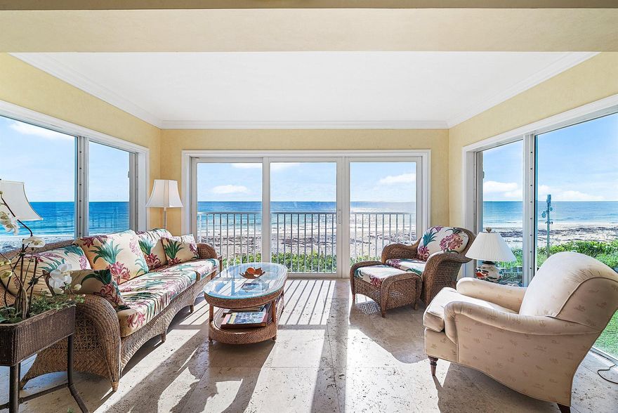 Welcome to the rare opportunity to own aa direct oceanfront apartment at 4475 N. Ocean Blvd. Apartment1B offers an unparalleled living experience with broad ocean views from every room.  Spanning 1880 sq. ft., this property features an open floor plan that integrates the living spaces with the stunning ocean and lush manicured grounds  It includes two bedrooms, an oceanfront den...perfect for a home office or convertible living space...and an enclosed oceanfront sunroom.  Attention to detail is evident throughout, with custom woodworking and built-ins.Live on the ocean while enjoying the many amenities the St. Andrews Club has to offer.  Membership is required to purchase.  Homeowner equity of $52,500 is NOT included in the LIST PRICE.