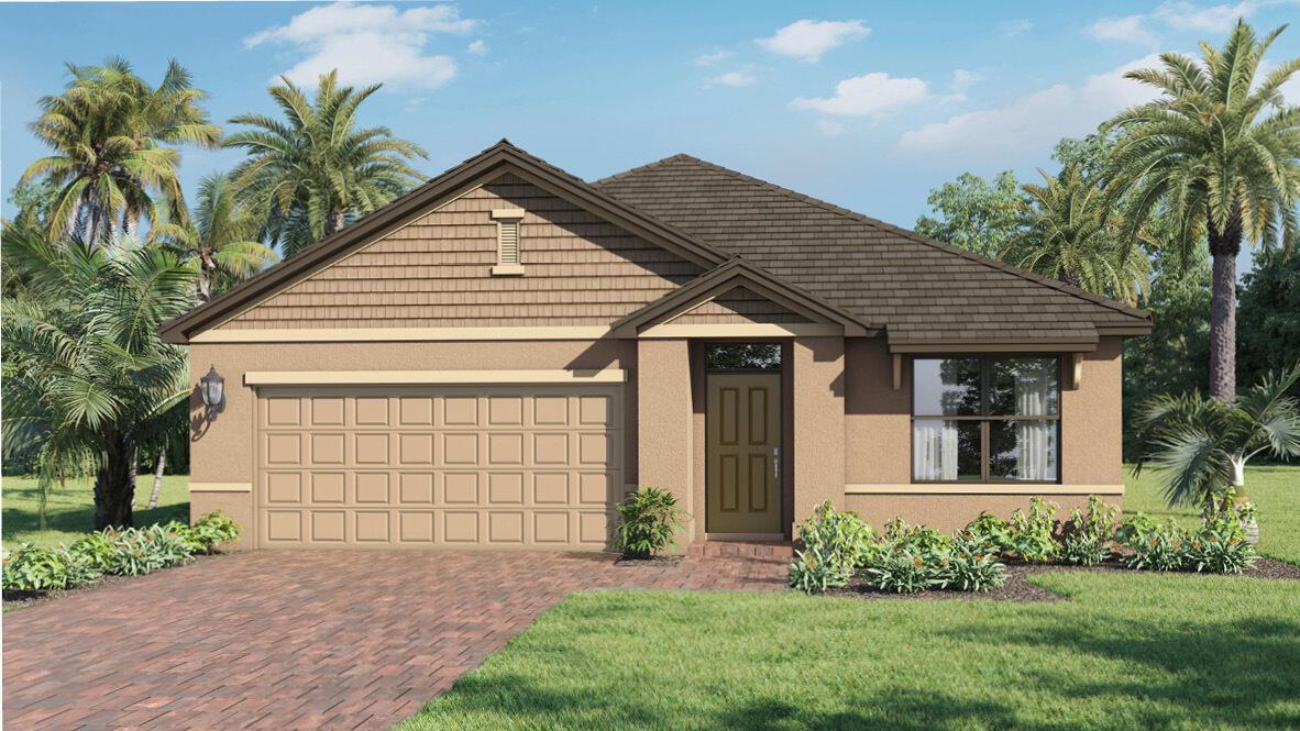 The Aria, a popular one-story floorplan in Morningside, Fort Pierce, offers 3 bedrooms, 2 bathrooms, and 1,672 sq. ft. of living space. The open-concept design features oversized tile flooring in the main areas. The kitchen boasts quartz countertops, an oversized single-bowl undermount sink, stainless steel appliances, and a spacious island. The primary suite includes a double vanity and walk-in closet. Additional features include a laundry room, two-car garage, and smart home technology. The Aria combines modern design and functionality for your perfect home.