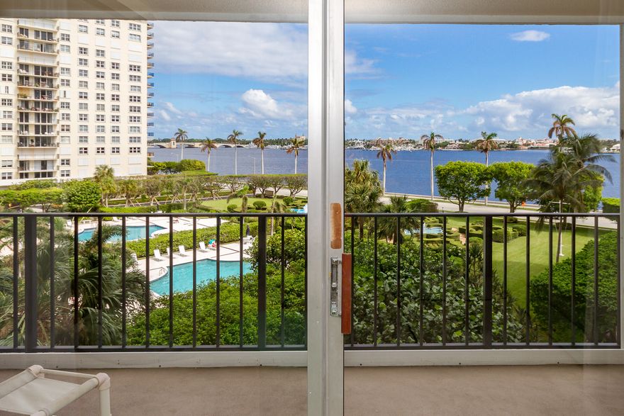 Stunning intracoastal views from this 5th story unit in great location, easy access to the beach, City Place, close to the island of Palm Beach.  This unit is bathed in natural light from all rooms and has a large balcony perfect to enjoy the relaxing views.  One oversized bedroom, large walk in closet, full bath, and also a powder room/bath. Bring your pet, 1 pet is ok 20 lbs or less. (1 dog, or 2 cats or a 5  lb bird).  Amenities include doorman, pool, exercise/fitness room, library area, community room.  Unit comes with a storage locker, and also a hall closet.