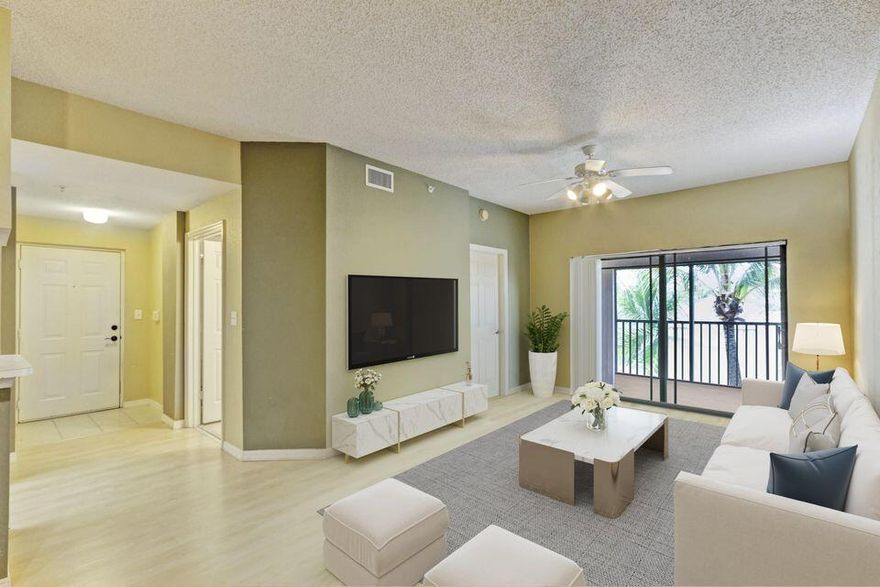 Resort-style gated community located in 1 of the top-voted cities to live in S. Florida. This top-floor corner unit offers 2 bedrooms and 2 bathrooms with a light and bright split floor plan and no unit above. Impact windows throughout provide peace of mind and added quietness. The spacious primary suite features a large walk-in closet, plus an exterior storage room assigned to the unit. Centrally located near PBI Airport, West Palm Beach, I-95, Florida Turnpike, Whole Foods, PGA National Golf Resort, beaches, Gardens Mall, and more. Resort-style amenities include a pool, hot tub, gym, racquetball, tennis, pickle-ball, steam room, sauna etc. 2022 roof, 2021 range, water heater, AC; washer and dryer. HOA includes water, exterior maintenance and building insurance. No lease waiting period.