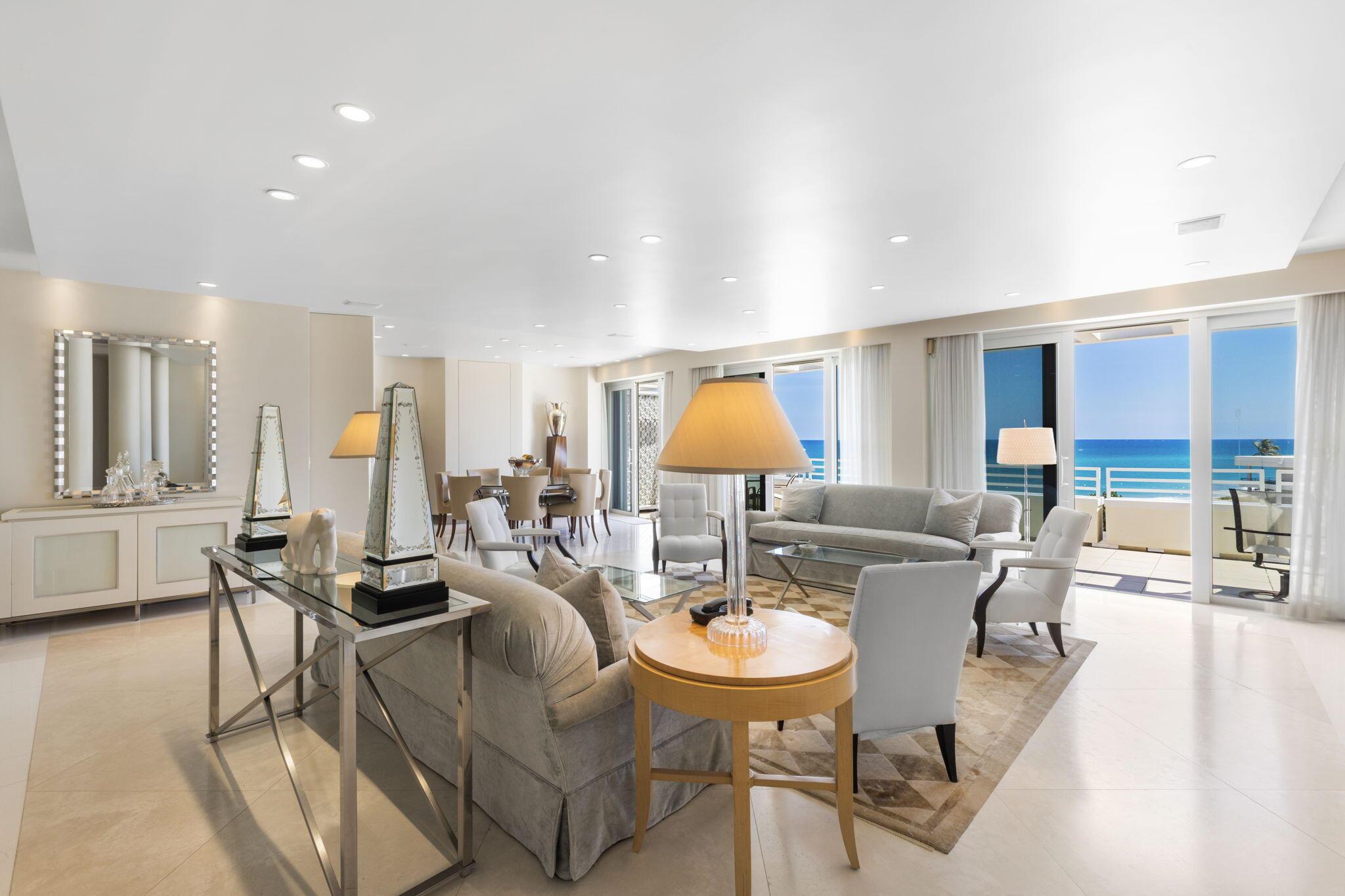 Stunning penthouse with prime oceanfront views and sprawling wraparound terrace available at Palm Beach's exclusive Sun & Surf! Designed by Architectural Digest darling, Michael DeSantis, this coveted residence epitomizes beachfront living with an indoor/outdoor lifestyle, breathtaking Atlantic views from every room and walls of impact-resistant glass opening to a grand terrace. Entertain under the stars, dine al fresco or lounge on your chaise while drinking in the scent of the sea. Soaring ceilings, sunlight pouring in from the south, majestic sunsets to the west and an iconic view of The Breakers round out the grandeur of this three-bedroom retreat.