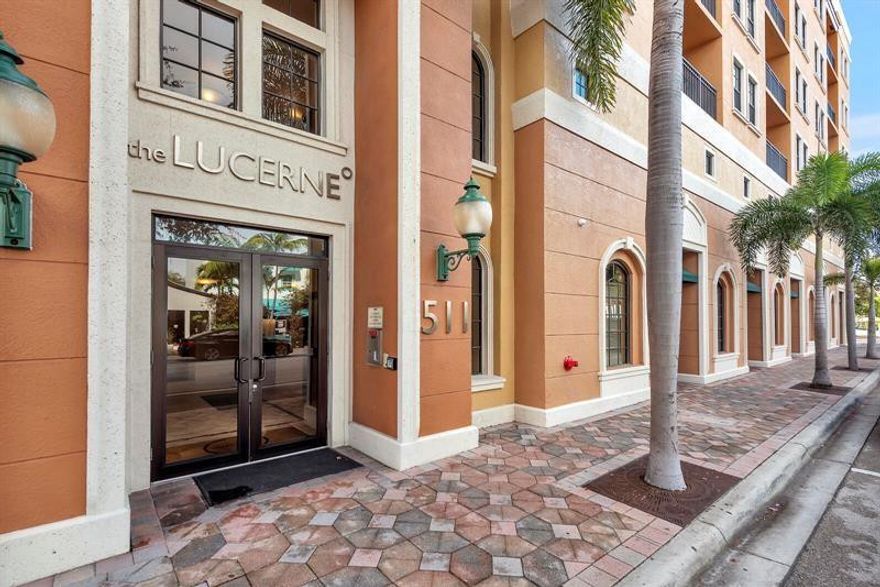 BEAUTIFUL PENTHOUSE unit and PET FRIENDLY! Will not disappoint. Custom studio unit in The Lucerne facing Lake Avenue with water views. NEW A/C, WATER HEATER, WASHER/DRYER.  INCLUDES WATER & INTERNET. Location, location, location! Walk to everything in the heart of downtown Lake Worth Beach...restaurants, boutiques, golf course, the beach. Wood flooring throughout, custom high-end closets and storage, granite countertops, stainless steel appliances, washer/dryer in unit, extra-large soaker tub. Pets welcome! Enjoy fitness center, pool/spa, meeting room. Building is secure and garage includes PARKKING SPACE and STORAGE SPACE.