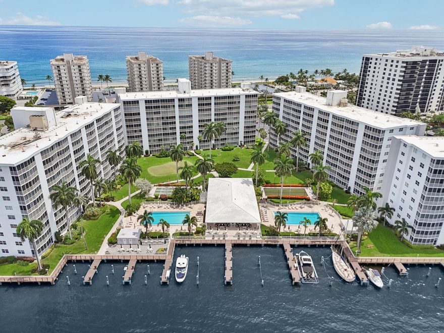 Experience the allure of refined coastal living in this beautifully designed two bedroom, two bath residence, perfectly situated between the intracoastal and ocean. This is one of Highland Beach's most prestigious 55+ communities, Seagate of Highland. Nestled along the intracoastal just off A1A, this first floor condominium offers the rare convenience of direct patio access, creating a graceful connection between sunlit interiors and the serene outdoor surroundings.Every detail of the community has been thoughtfully cared for, with the milestone inspection and reserve study complete. Recent enhancements include concrete restoration, new roofs and elevators. Inside, the home features impact glass and open living spaces that are bright, airy, and perfect