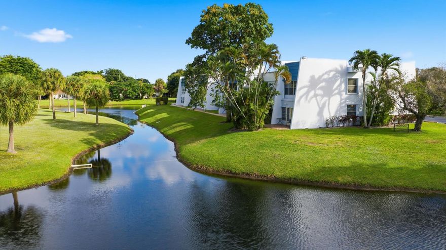 Welcome to this beautifully maintained end unit, first-floor condo offering stunning water and garden views in a prime Delray Beach location. This 2-story, 28-unit building has been freshly painted and power-washed, providing excellent curb appeal and peace of mind for the next owner. The condo is conveniently located right by the newly resurfaced pool, which will feature all-new furniture, as well as tennis courts and a gym. Inside, tile flooring flows throughout the main living areas, creating a clean, open feel that's both stylish and easy to maintain.The spacious layout includes a large primary bedroom with an en-suite bathroom and a generous walk-in closet, offering comfort and privacy. The updated guest bathroom features a beautifully tiled shower, glass shower door,
