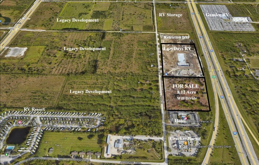 8 Shovel Ready Acres, 602 ft of interstate I-95 frontage at the southbound exit of East Coast to West Coast Interstate I-70 (Okeechobee Rd) and also near to the Turnpike exits. The crossroads is in one of the busiest hubs between South and Central Florida. Property is cleared and eligible for a one time split and is between the new Lazy Days RV Superstore and Motel & Cracker Barrel. City Water, Sewer, Cable, Natural Gas to property and New Commercial Grade Road.