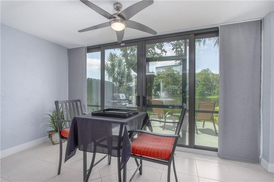 Stellar, Completely Remodeled Waterfront 1st Floor Condo w/Spaciousness of a Single Family Home! Park by Your Front Door, Then Step In to the Largest Available 2/2 Layout. Extended Living Room (w/Enclosed Patio) Creates an Enormous, Expansive Space for Living, Dining & Entertaining. Surround Yourself w/Magnificent Fountain & Water Views...Like Floating on a Yacht. Hurricane Impact Sliding Doors & Windows. Handsomely Updated Kitchen & Baths. Stainless Steel Appliances. Utility Room w/Washer/Dryer. Designer Lighting, Fans & Window Treatments. Crown Moulding. Murphy Bed/Desk. Walk-In Closet w/Glass Barn Doors. Private Open-Air Porch Ideal for BBQs or R&R. Steps to Pool & Gym. Near Shops, Dining, Golf. Short Drive to Beach. Low HOA Fee, Strong Reserves. Conv 97/3 & VA-Approved. Small Pet OK