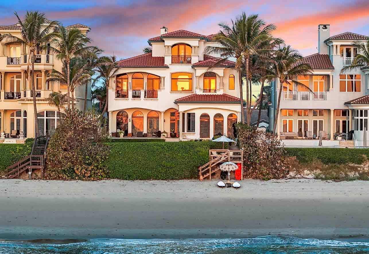 Exceptional oceanfront estate home. This European inspired residence features over 10,000 square feet of luxury waterfront living. With breathtaking views, 70 linear ft of private beachfront, this is the best value on the market today. Classic elegance and spaciousness define this sanctuary located within Ocean Place Estates, the only guard gated enclave of single family homes on the ocean. This 4 story castle on the sand is enhanced by soaring floor to ceiling windows for endless Atlantic vistas from all major rooms.The main level leads out to the pool and garden which sits atop a 25' state of the art seawall leading down to the beach. Located the prestigious town of Highland Beach-rated the ''safest town in Palm Beach County'' . MORE see supplement