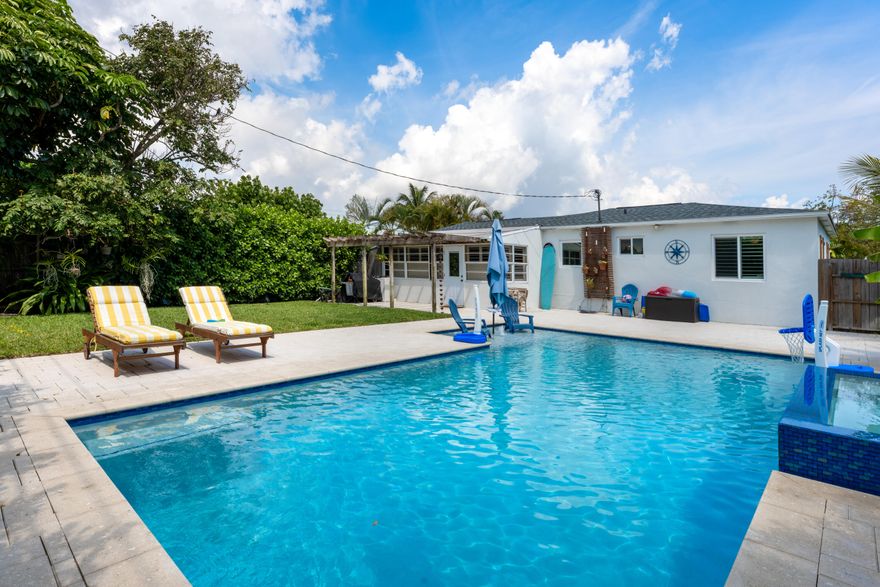 Welcome to your charming SoSo bungalow! This 3 bedroom, 2 bathroom private, tropical retreat is move in ready and features a new resort style swimming pool with spa and sun shelf, large paved patio for entertaining, lushly landscaped backyard for privacy and entertaining and lots of space to accommodate a future expansion! This gem is conveniently located near Flagler Drive, parks, schools, shopping, beaches and everything WPB offers! Recent updates include 2021 roof, tankless w/h, impact windows, upgraded electrical panel, new sprinkler system, plantation shutters and heated & automated pool/spa. Maddock is a great street in a wonderful neighborhood!