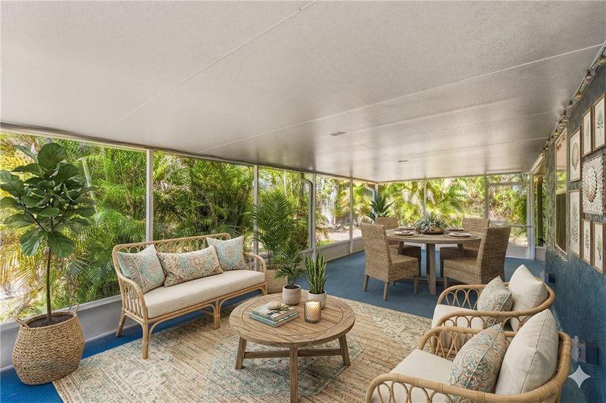 Ideally situated just 2 miles from the vibrant energy of downtown Stuart, this home impresses w/its significant upgrades including a new 2024 roof & high-efficiency solar panels. The heart of the home is the kitchen w/Corian counters & custom cabinetry. The huge primary suite boasts expansive walk-in closets, dual vanities, jetted tub, & custom tile shower. The standout is the enormous screened lanai stretching across the entire home providing a breezy space for entertaining or relaxing. The oversized park-like lot serves as a private tropical orchard w/mature mango, avocado, & plumeria trees.