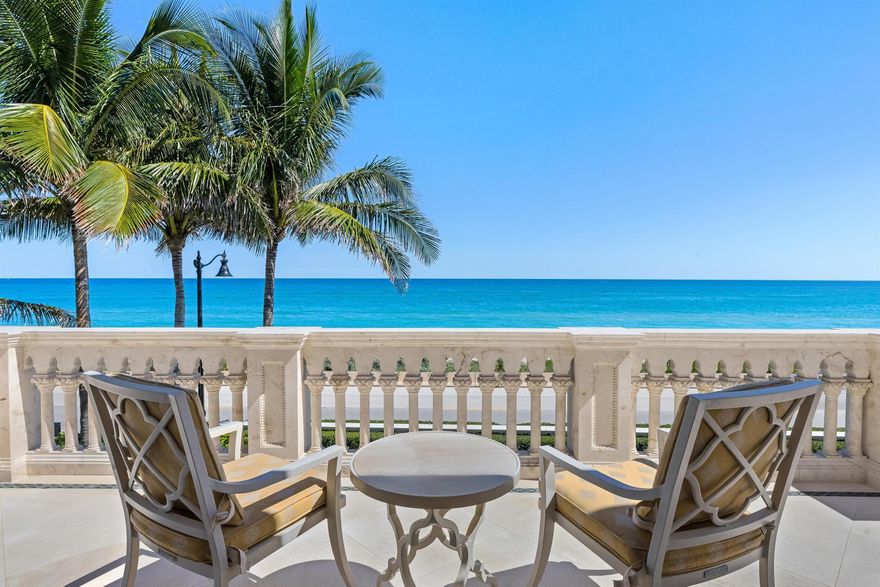 Gorgeous Oceanfront Estate - This pristine Mediterranean home features private beach access, commanding ocean views, and over 10,000+/- spacious square feet. The interior and exterior space abounds, taking full advantage of the breathtaking ocean views. Exquisite finishes, impeccable attention to detail, and exceptional craftsmanship throughout. Extensive rebuild just completed. Romantic covered loggia with fireplace overlooks the courtyard pool and spa and the Atlantic Ocean. Oceanfront Primary Suite features sitting room, wet bar, dual baths closets, and oversized east-facing balcony with expansive water views. Sophisticated, oceanfront living room with intricate detailing, molding, and fireplace. Formal dining room features detailed crown molding. Stunning kitchen and family room with