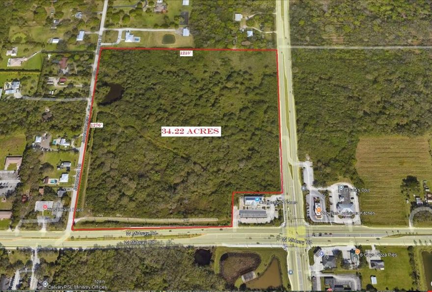 This property is comprised of 34.22 acres centrally located on the NW corner of Midway Road and 25th Street in Saint Lucie County. The greater Saint Lucie market is rated by the US Census Bureau as the fifth fastested growing metro area in the US. The site's current zoning of general commerical allows for up to 487 Live Local multifamily residential units. Please call for additional information. Owner financing available.