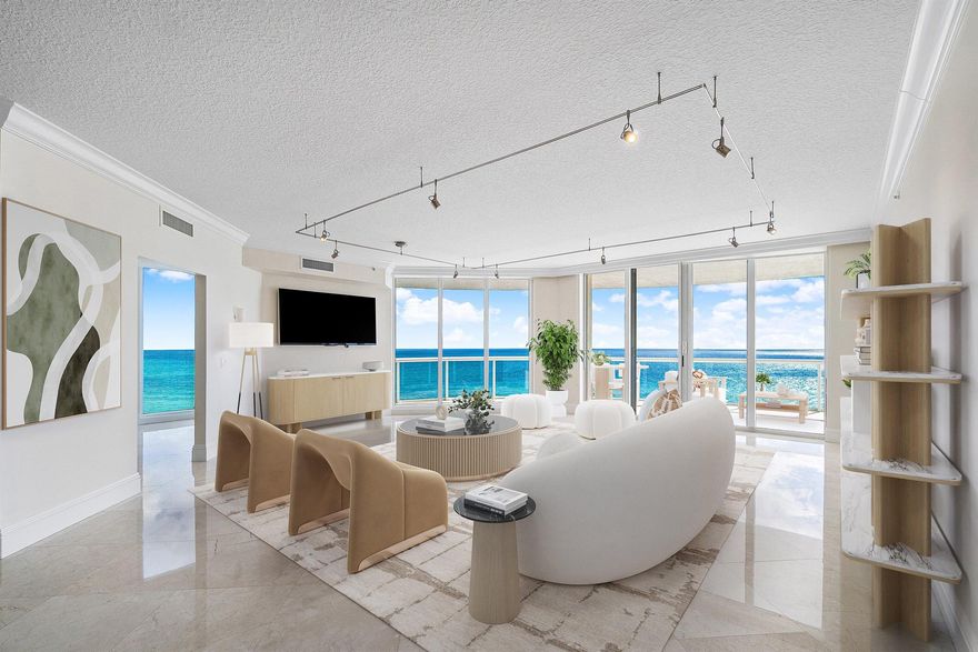 Experience unparalleled luxury in this direct oceanfront 3-bedroom, 3.5-bath condo at the prestigious Beach Front at Singer Island. Boasting breathtaking water views from every room, this residence includes a coveted pool-side cabana and a large wrap-around covered balcony, accessible from all living areas, perfect for savoring stunning morning sunrises. With only three residences per floor, enjoy the ultimate privacy with a private foyer leading directly from the elevator into your home. The expansive primary suite features a walk-in shower, soaking tub, dual vanities and two walk-in closets. All bedrooms are generously sized, each with its own full bath and walk-in closet. The spacious living and entertainment area includes a custom built-in bar, an inviting breakfast nook and