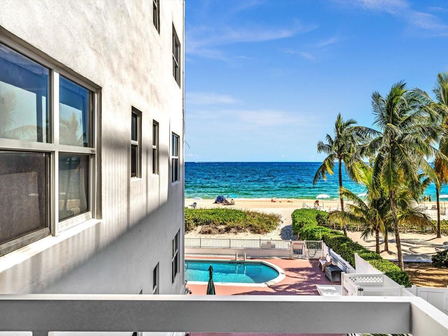 Experience the serenity of oceanfront living in a charming 40-unit boutique building in the heart of Pompano Beach! The south facing balcony of this turnkey furnished & fully renovated 1BR/1BA gem is perfectly positioned to capture unobstructed ocean views! Open kitchen seamlessly blends into main living area and spacious bedroom easily accommodates two Queen-sized beds and has walk-in closet. Your peace of mind is ensured by the impact windows & doors. Heated pool, clubroom, common laundry, and storage locker. Tiki bar, live entertainment, restaurants, & watersport rental just steps away. Many other shopping, golf, parks, Pompano Beach pier, and more within a short distance! Can be rented immediately twice per year! Explore without stepping foot inside via the 3D Matterport tour! Passed 40 year recertification